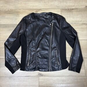 Black Rivet Women Black Faux Leather Trim Moto Jacket W/ Metal Zipper Size Large